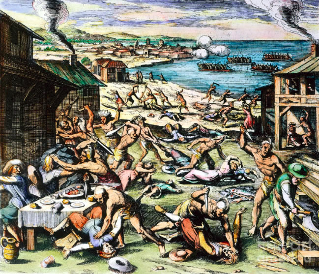 Masacre de Jamestown, 1622. Ilustración de Teodoro de Bry.